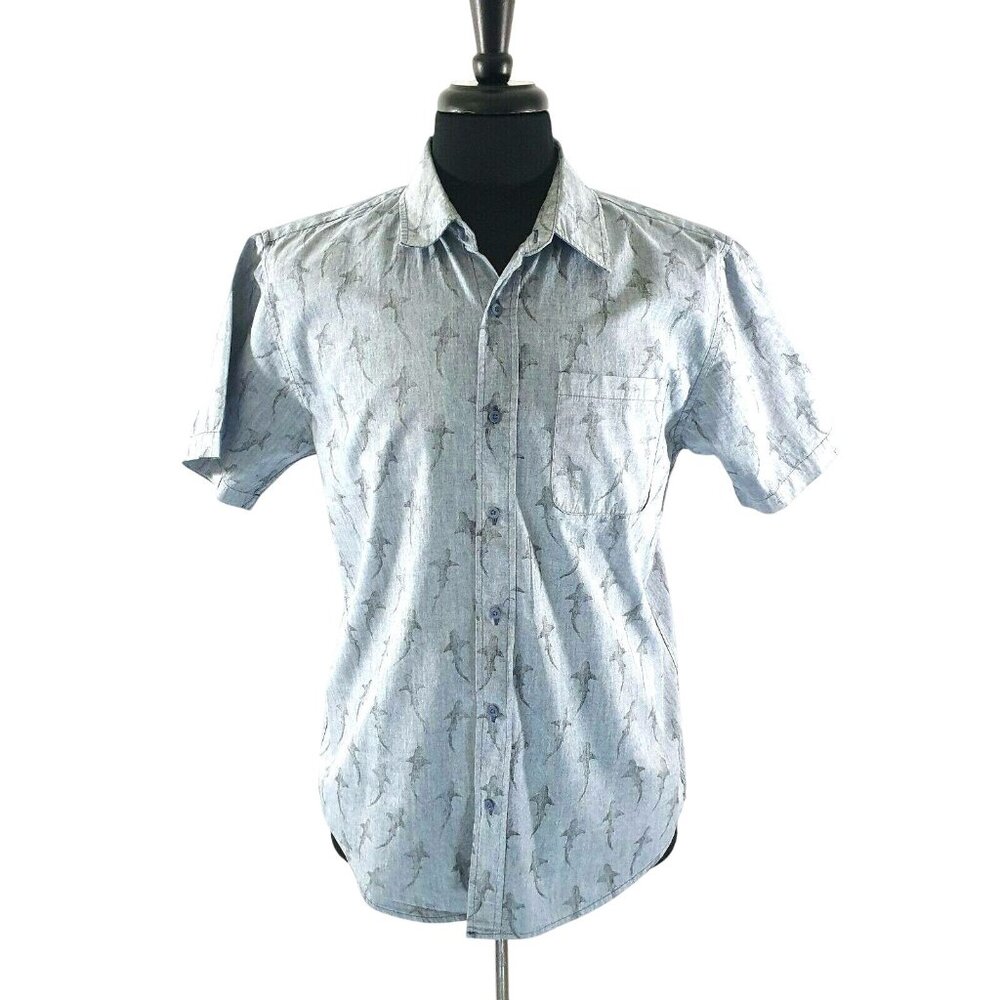 RSQ Collective Mens Medium Short Sleeve Shirt Shark Print Gray Casual Button Up - Picture 1 of 9